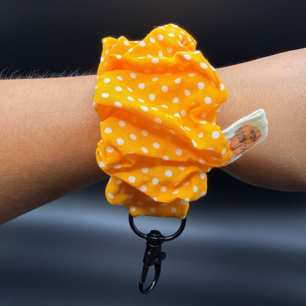 Handmade One Size Scrunchie Key Fob Wristlet Womens Orange Polka Dot Cotton